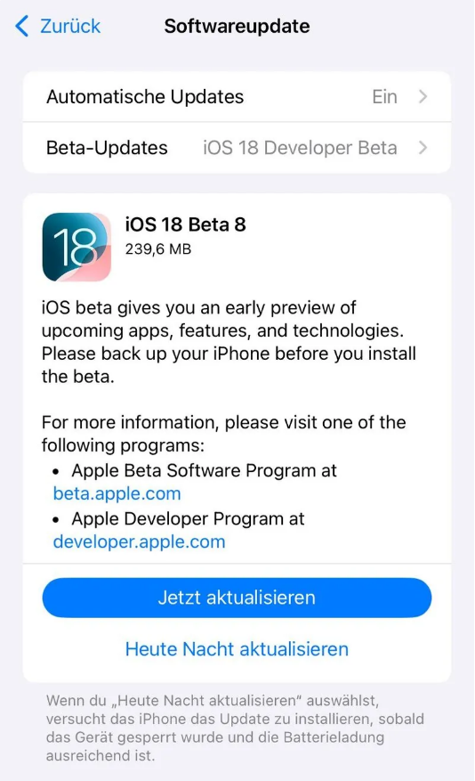 金湾苹果手机维修分享苹果 iOS / iPadOS 18 开发者预览版 Beta 8 发布 